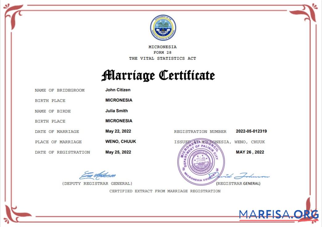 Realistic Micronesia marriage certificate Word and PDF template